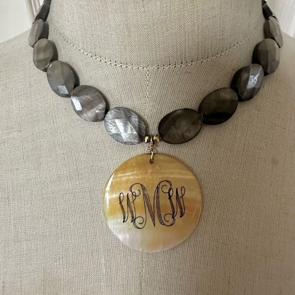 Gray Shell Beaded Monogram Pendant Necklace with Toggle Clasp